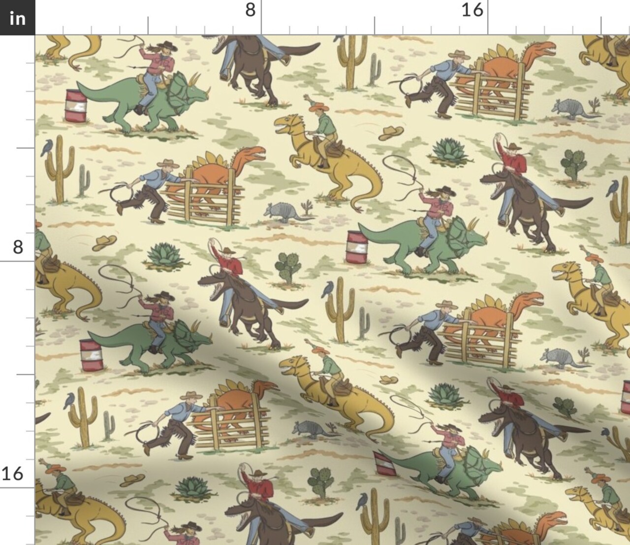 Wild West Cowboy Cowgirl Dinosaurs Kids Rodeo Armadillo Southwest Lasso Barrel Racing Tyrannosaurus Rex Triceratops Stegosaurus Cactus Raven Custom Printed Fabric by Spoonflower Various Fabrics by the Yard or Fat Quarter